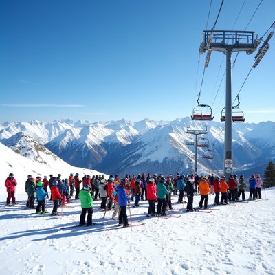 Crowd of Skiers Waiting for Chairlift