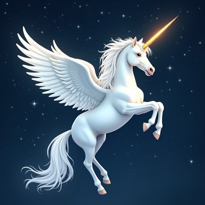Winged unicorn rearing on starry background