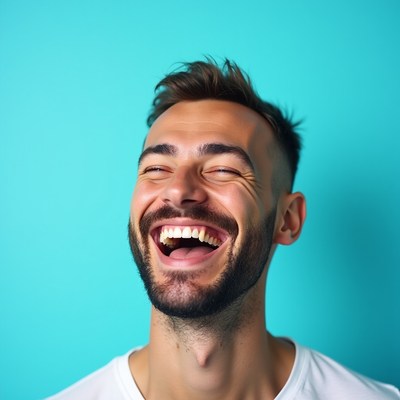 Man laughing on blue background