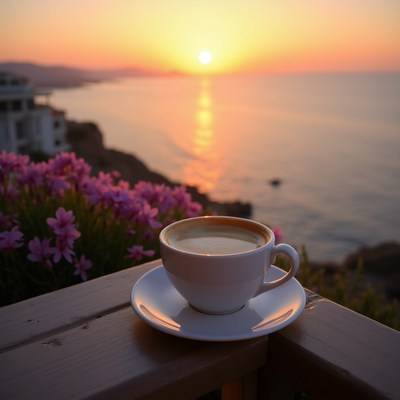 Coffee cup on balcony overlooking sunset ocean