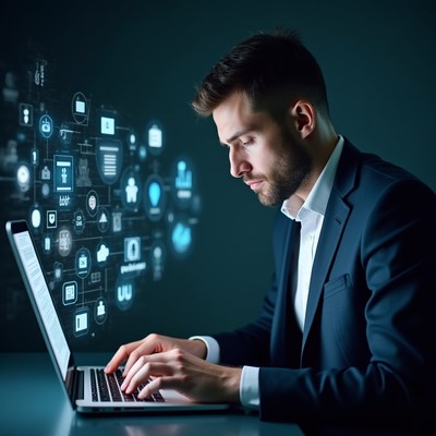 Man working on laptop with digital icons