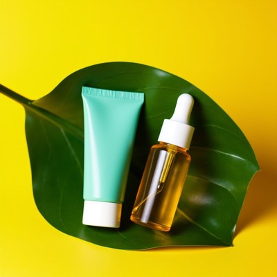 Green Cream Tube and Oil Dropper on Leaf