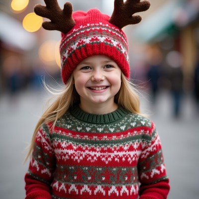 Girl wearing reindeer antler hat smiling