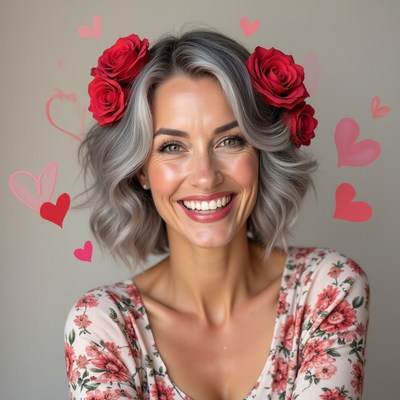 Smiling woman with red roses in silver hair