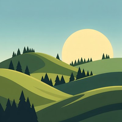 Green Hills with Pine Trees and Sun