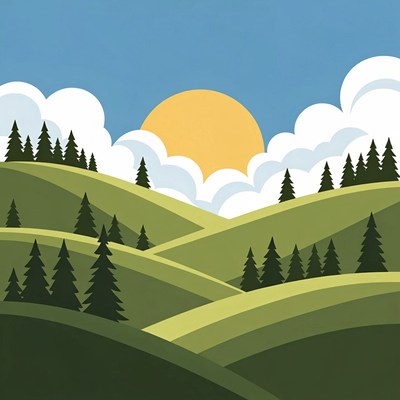 Sunset over green hills and pine trees