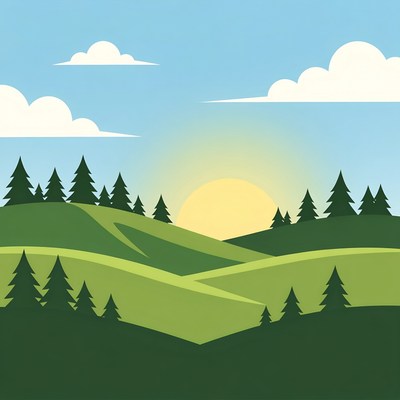 Sunrise over green hills and pine trees