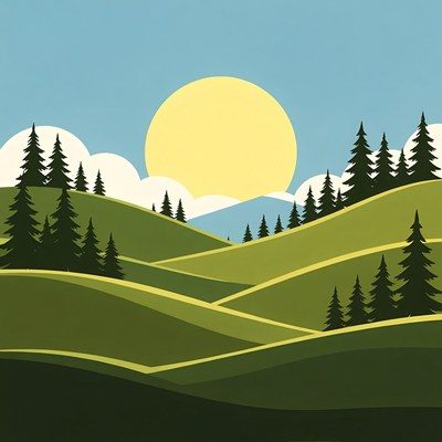 Sunrise Over Green Pine Hills