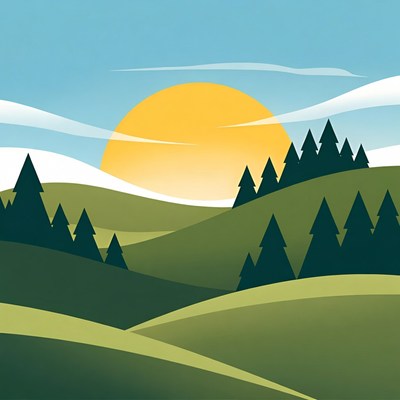 Sunrise Over Green Hills and Pine Trees