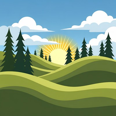Sunrise over Pine Trees and Hills