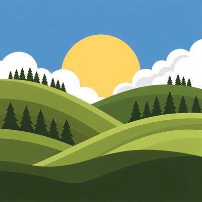Sunrise Over Green Hills Illustration