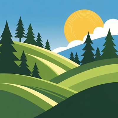 Sunny Landscape with Pine Trees and Hills