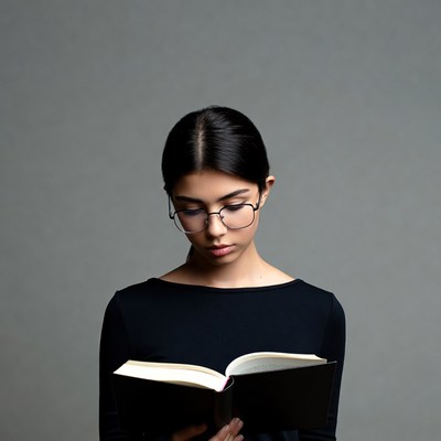 Asian woman reading book in glasses