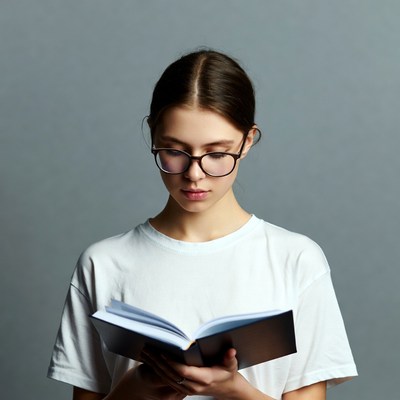 Young woman reading book in glasses