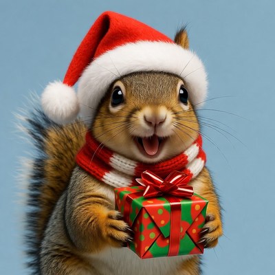Squirrel holding Christmas gift