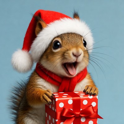 Squirrel wearing Santa hat holding gift