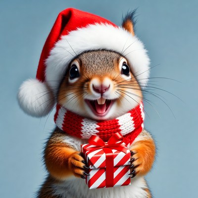 Squirrel in Santa hat holding gift
