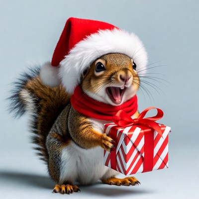 Squirrel in Santa hat holding gift