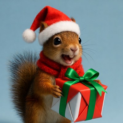 Squirrel in Santa hat holding Christmas gift