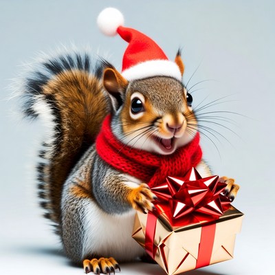 Squirrel in Santa hat holding gift