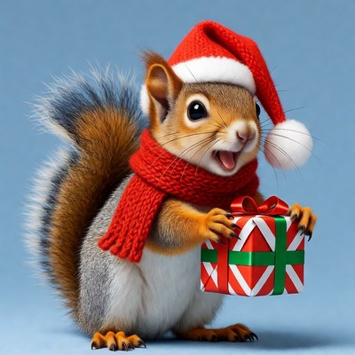 Squirrel in Santa hat holding gift