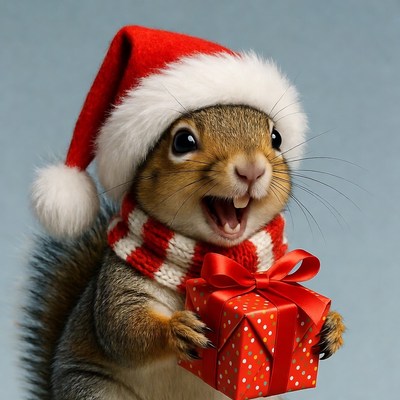 Squirrel in Santa hat holding gift