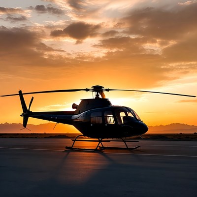 Black helicopter on runway at sunset
