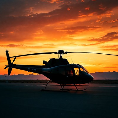 Black helicopter silhouetted against sunset