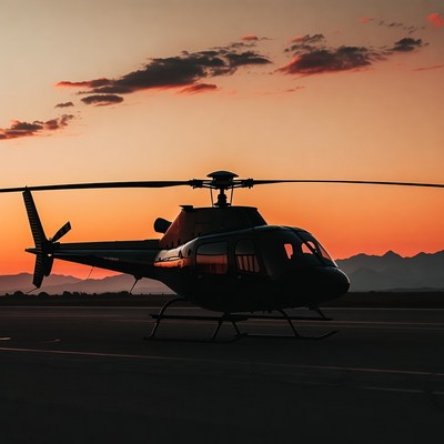 Black helicopter silhouette at sunset