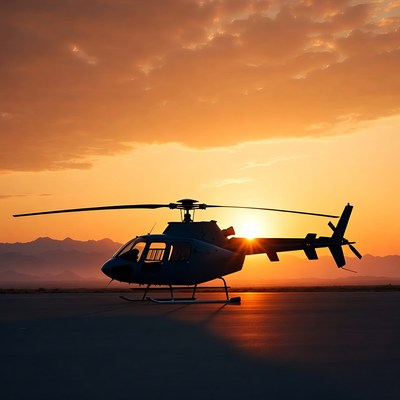 Helicopter on runway at sunset
