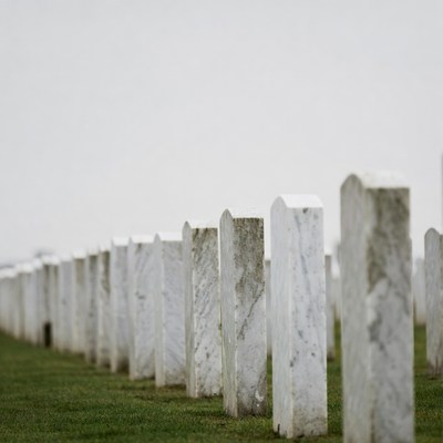 Rows of White Headstones in Cemetery