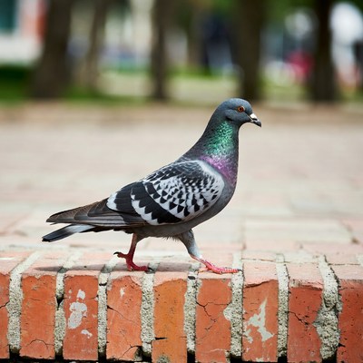 Pigeon walking on brick ledge