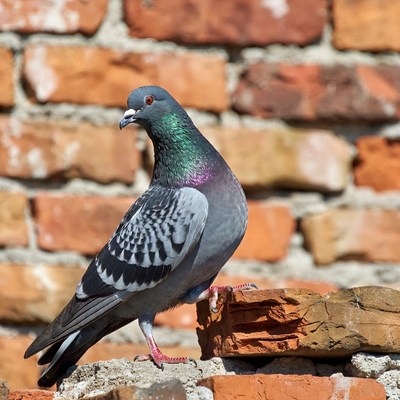 Pigeon perched on brick wall