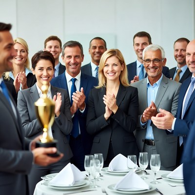 Business team celebrating award trophy