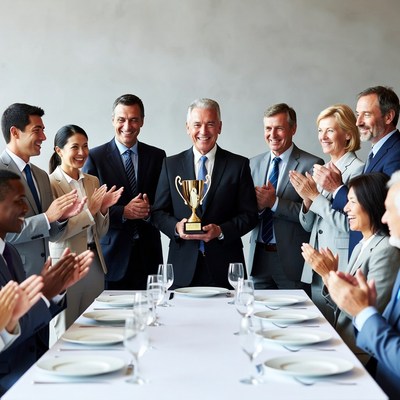 Man holding trophy with clapping colleagues