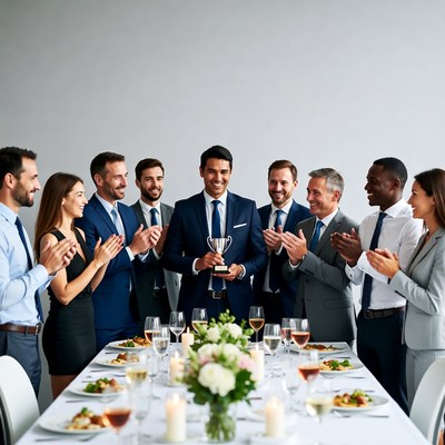 Business team applauding man with trophy