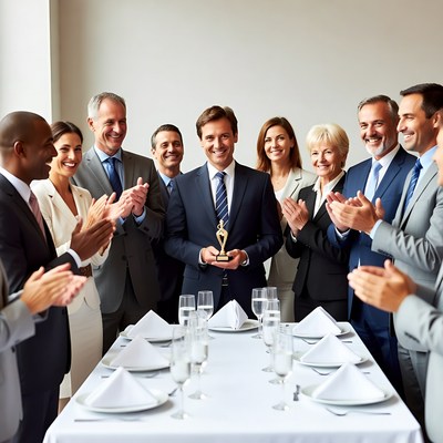 Man holding trophy with clapping business team