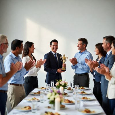 Man receiving trophy from business team