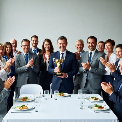 Business team celebrating with trophy