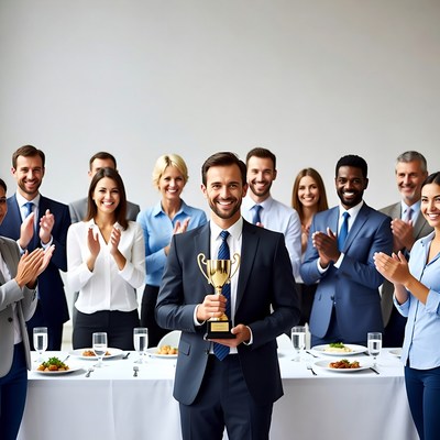Man holding trophy with clapping colleagues