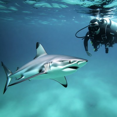 Diver facing blacktip reef shark underwater
