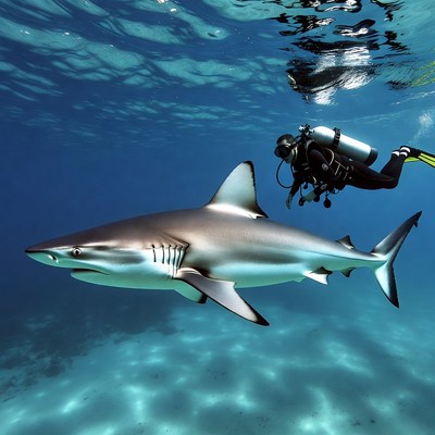 Diver swimming with blacktip shark