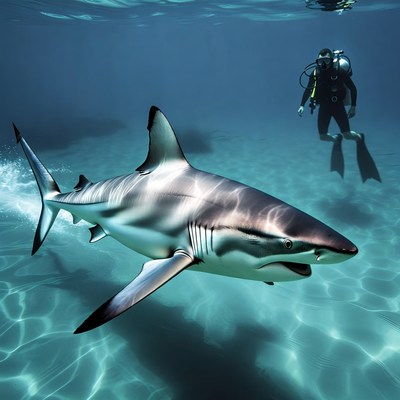 Diver Swimming with Blacktip Shark Underwater