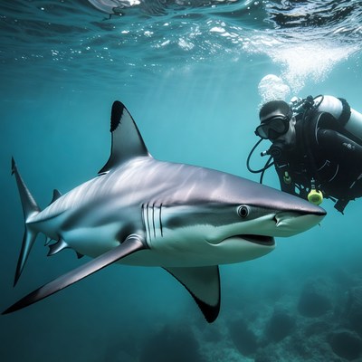 Diver swimming with blacktip shark