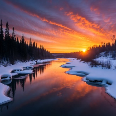 Winter River Sunset with Snowy Trees