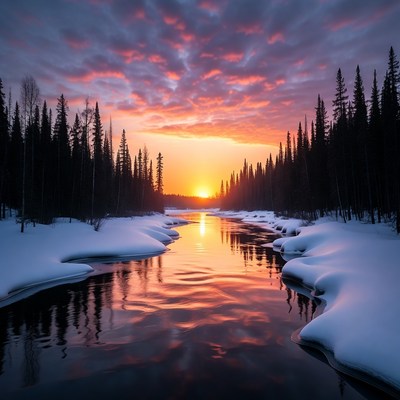 Sunset over snowy river in forest