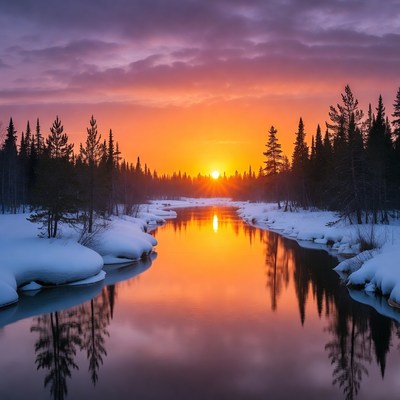 Sunset over snowy river with pine trees