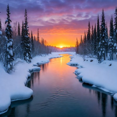 Snowy River Sunset with Pine Trees