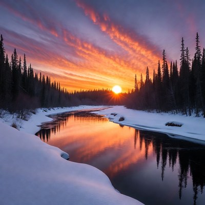 Sunset over snowy river with fir trees