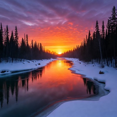 Sunset over snowy river with pine trees